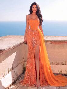 Strapless Beaded Mesh Mermaid Evening Gown - High Slit Design Fall Wedding Party - Orange - View 5