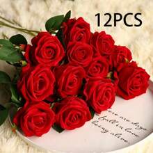 1/5/8/10/12/15/16/20/22支 20英吋人造紅玫瑰仿真花，逼真絲絨假花，新娘花束，花卉裝飾，情人節禮物，婚禮派對，家居裝飾，生日禮物，戶外裝飾，花瓶裝飾（購買須知：可能含有氣味，請先通風一段時間） - 紅色 - 查看 15