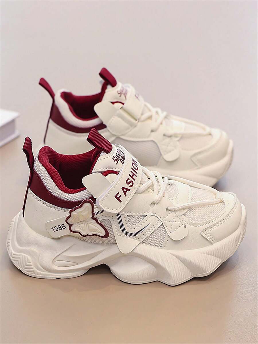 1 Pair Burgundy White Sneakers, Butterfly Decor, Sweet Girl Style, Suitable For Skirts And Pants, Large Mesh Breathable, Suitable For School - Burgundy - View 1