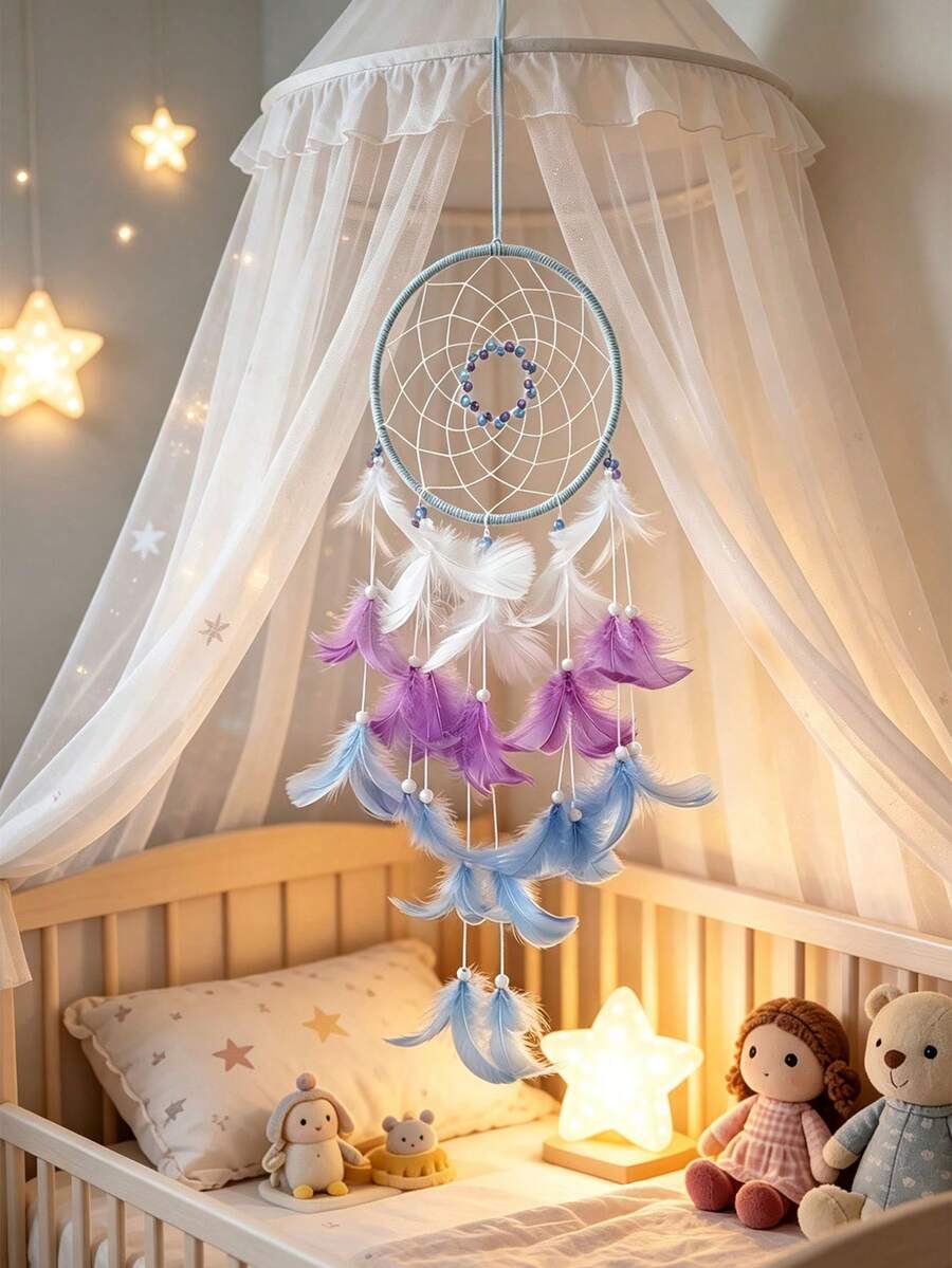1pc Girls Dream Catcher, Butterfly Center, Pink And White Mixed Feathers And Transparent Beads, Bedroom Pink Decoration, With Decorative Box And White Raffia