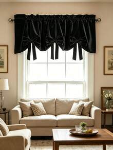 1PC New Red Bow Velvet Designer Decorative Small Curtain, Light-Filtering Window Curtain For Kitchen And Multiple Uses, Rod Pocket Design, Fresh Style Finished Short Curtain - Black - View 5