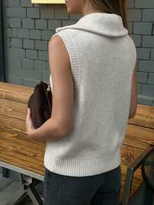 Women's Preppy Half-Zip Collared Knit Vest, Sleeveless Soft Loose Fit Pullover Vest, Casual Layering Sweater For Autumn/Winter - Apricot - View 5
