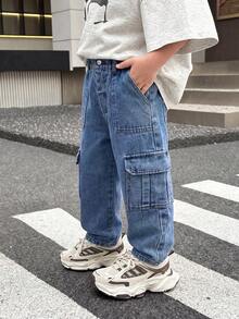 Boys Dual Side Large Pockets Cargo Wide Leg Denim Jeans Autumn Fashion Semi-Elastic Waist Washed Casual Straight Leg Long Pants - Medium Wash - View 10