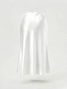 Plus Size Solid Color Satin Elegant Long Skirt For Vacation, Evening Party And Wedding White - White - View 2
