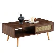 Wicker Coffee Table, Tea Table With Sliding Doors, Solid Wood Legs, Modern Living Room Table, Dark Walnut Wood-H40/W1050/D55 Cm - 棕色 - 查看 1