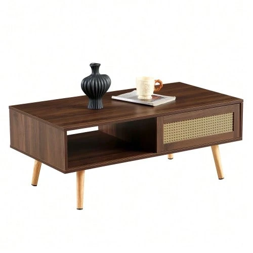 Wicker Coffee Table, Tea Table With Sliding Doors, Solid Wood Legs, Modern Living Room Table, Dark Walnut Wood-H40/W1050/D55 Cm - 棕色 - 查看 1