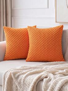 1pc/2pcs Orange Bohemian Striped Throw Pillow Cover (Pillow Insert Not Included), Soft Plush Corduroy Solid Color Decorative Square Pillow Sham, Suitable For Holiday, Sofa, Bedroom, Bed, All Seasons - Orange - View 2