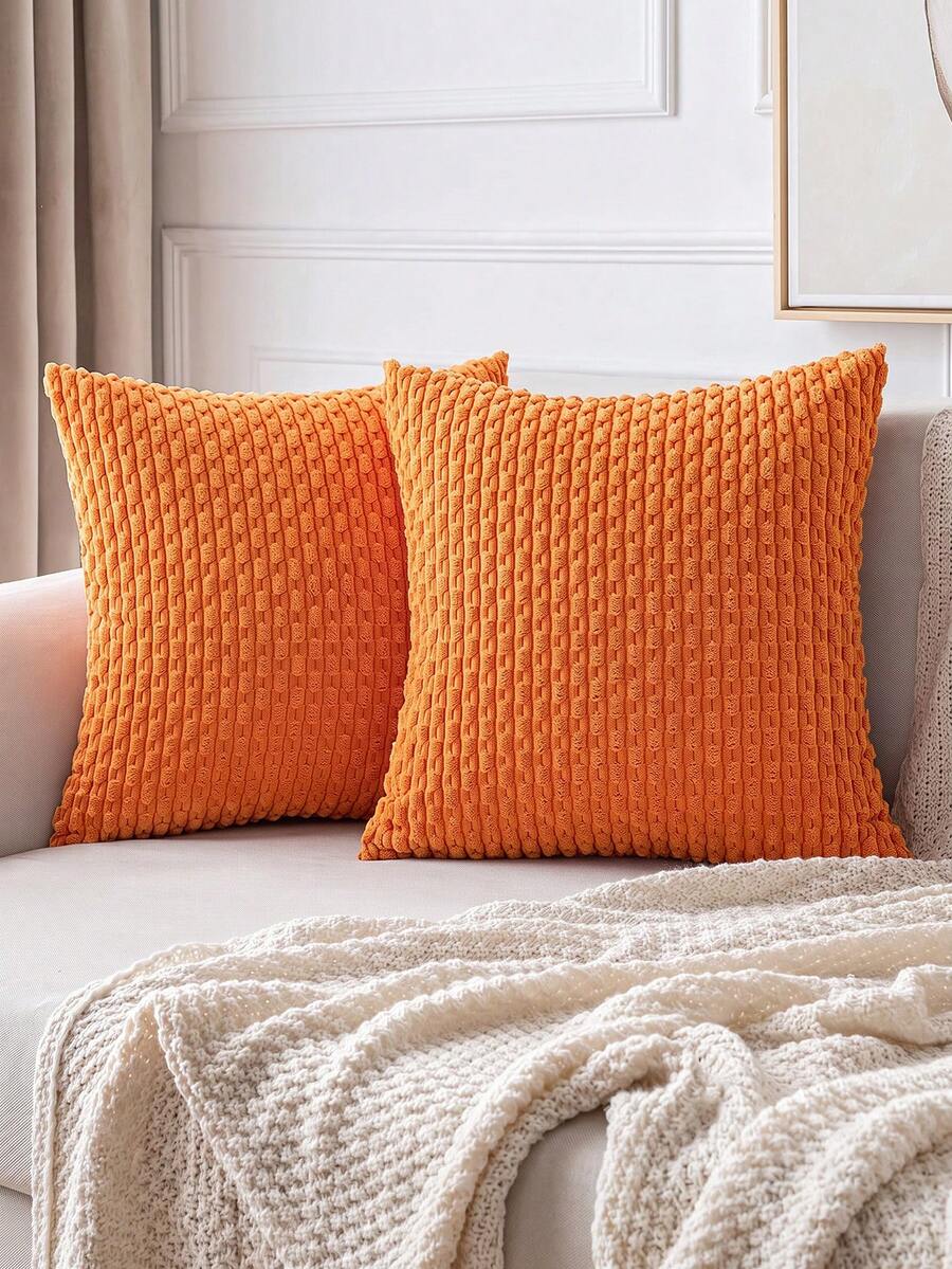 1pc/2pcs Orange Bohemian Striped Throw Pillow Cover (Pillow Insert Not Included), Soft Plush Corduroy Solid Color Decorative Square Pillow Sham, Suitable For Holiday, Sofa, Bedroom, Bed, All Seasons