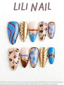 10pcs Handmade Press-On Nails, Almond Shape, Blue, Brown, Leopard Print, Metallic Color, Rhinestone Decorated, Cute Nail Art, Reusable Nail Set With Nail Tools, Suitable For Daily Commute, Party And Office - Multicolor - View 3