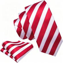 Men's Tie Set, Classic Fashion Tie & Pocket Square Set, Suitable For Weddings, Business And Banquets - Red and White - View 2