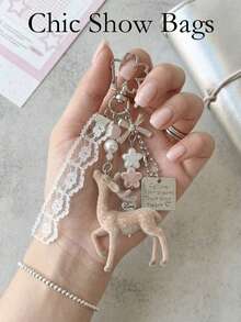 Deer-Shaped Keychain Pendant, Lace Pearl Bow Bag Charm, Korean Sweet Clover Backpack Hanging Chain, Y2K Girl Style Gift - Khaki - View 1
