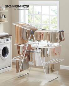 SONGMICS Clothes Drying Rack, Foldable 3-Level Laundry Rack, Free-Standing Large Drying Rack, With Height-Adjustable Wings, 39 Drying Rails, Sock Clips - White and Gray - View 1