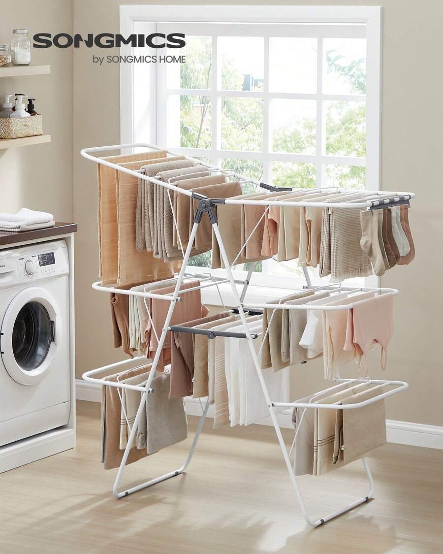 SONGMICS Clothes Drying Rack, Foldable 3-Level Laundry Rack, Free-Standing Large Drying Rack, With Height-Adjustable Wings, 39 Drying Rails, Sock Clips - White and Gray - View 1