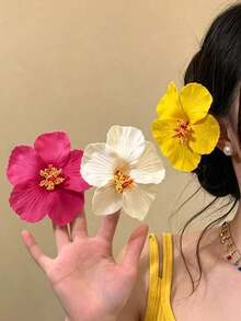 3pcs/Set Hawaiian Hibiscus Flower Hair Clips For Women, Tropical Floral Hair Pins, Suitable For Summer Beach Vacation Luau Party Accessories - Multicolor - View 4