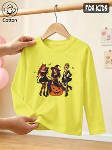 Halloween Girls Cotton Raglan Long Sleeve Tee, Witch Pumpkin Skull Print, Cute Sweet Preppy Style - Bright Yellow - View 1