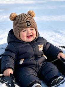 1pc Infant Ribbed Knitted Earflap Beanie With A-Z Letter , Cute Double Pom Pom Bear Ear Decor Winter Warm Toddler Hat Suitable For 1-3 Years Old - Khaki - View 3