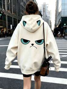 Sweatshirt Berkerudung dengan Telinga Kucing 3D, Gambar Kucing Marah di Bagian Belakang, Atasan Streetwear Serbaguna Gaya Gadis Imut, Koleksi Musim Gugur - Aprikot - View 2