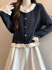 Fashionable Youthful College Style Navy Blue Knit Cardigan Women's Design Ruffle Hem Slimming Long Sleeve Casual Top - Navy Blue - View 3
