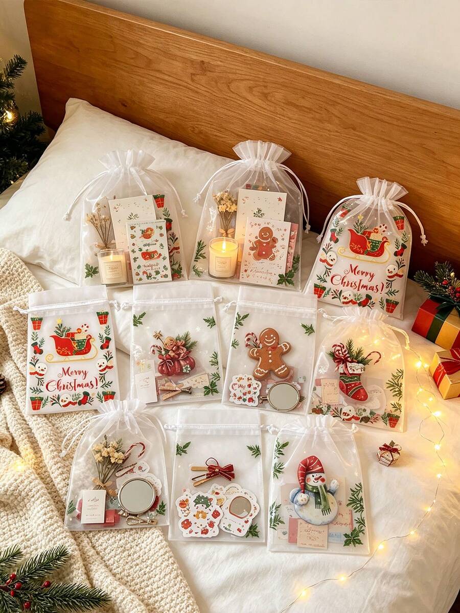 1 Set de Bolsas de Regalo de Malla Transparente Navideñas, Bolsas con Cordón, Bolsas de Embalaje de Regalos Festivos, Cierre con Cinta. Adecuado para Fiestas Navideñas, Regalos de Boda, Almacenamiento de Joyas y Manualidades. - Multicolor - Ver 1