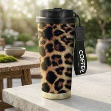 1 pieza/5 piezas Taza de café de viaje con estampado de leopardo de 500ml, vaso térmico de acero inoxidable de 500ml con cordón COFFEE, taza térmica portátil reutilizable a prueba de fugas, taza de bebida de moda para uso diario, actividades al aire libre y regalo de vacaciones - Multicolor-Estampado de leopardo - Ver 11