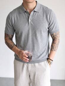 Men's Solid Color Knit Polo Short Sleeve Heather Grey Turn Collar Minimalist Basic Business Casual Knit Sweater - Grey - View 5