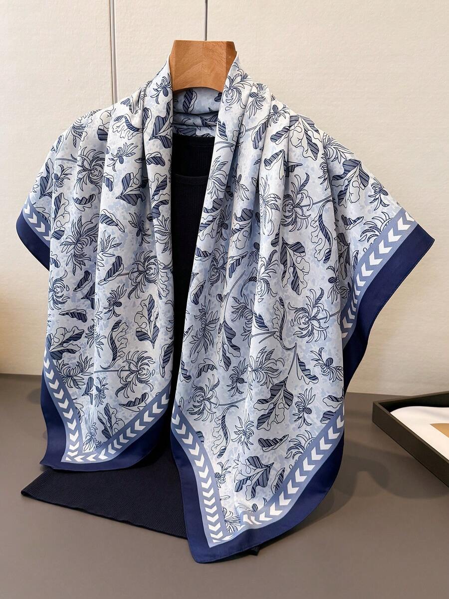 1件女款優雅復古印花薄緞面仿絲綢方巾,波希米亞風女式頸巾披肩,輕盈舒適女用方巾 - 藏青色 - 查看 1