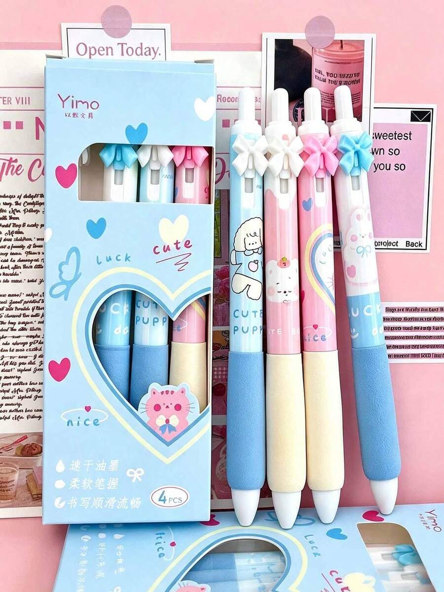 4/1pc Macaron Cartoon Retractable Gel Pens 0.5mm Black Ink, Soft Grip Bow Design Cute Girly Style Quick Dry Smooth Writing, Student Stationery Cute Cartoon Bow Stationery, Perfect For Classroom Rewards Student Writing Office Use - Multicolor - View 1