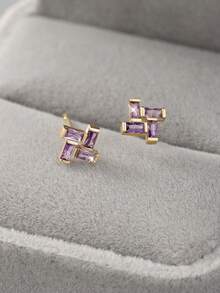 1 par de pendientes de botón de plata de ley S925 con circonita geométrica púrpura, diseño elegante de nicho hipoalergénico para mujeres - geometría - Ver 5