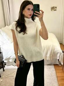 Apricot Ribbed Semi-High Neck Sleeveless Loose Knit Vest Top Casual Knit Tank Top Daily Street Style Coffee Outing Light Commute O - Apricot - View 2