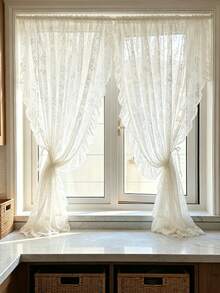 1pc White Small Floral Lace Ruffle Sheer Curtain Valance, Short Curtain, Coffee Curtain, Vintage Pastoral Romantic Style, Semi-Transparent, Polyester Fiber Material, Suitable For Bedroom, Room, Living Room, Kitchen, Office, Cafe And Home Decor (Tie-Backs Not Included) - Multicolor - View 2