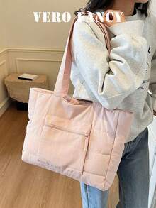Simple Solid Color Quilted Multi Pocket Tote Bag, Lightweight And Practical Large Capacity Shoulder Bag, Suitable For Commuting To Work, School Class - Baby Pink - View 2