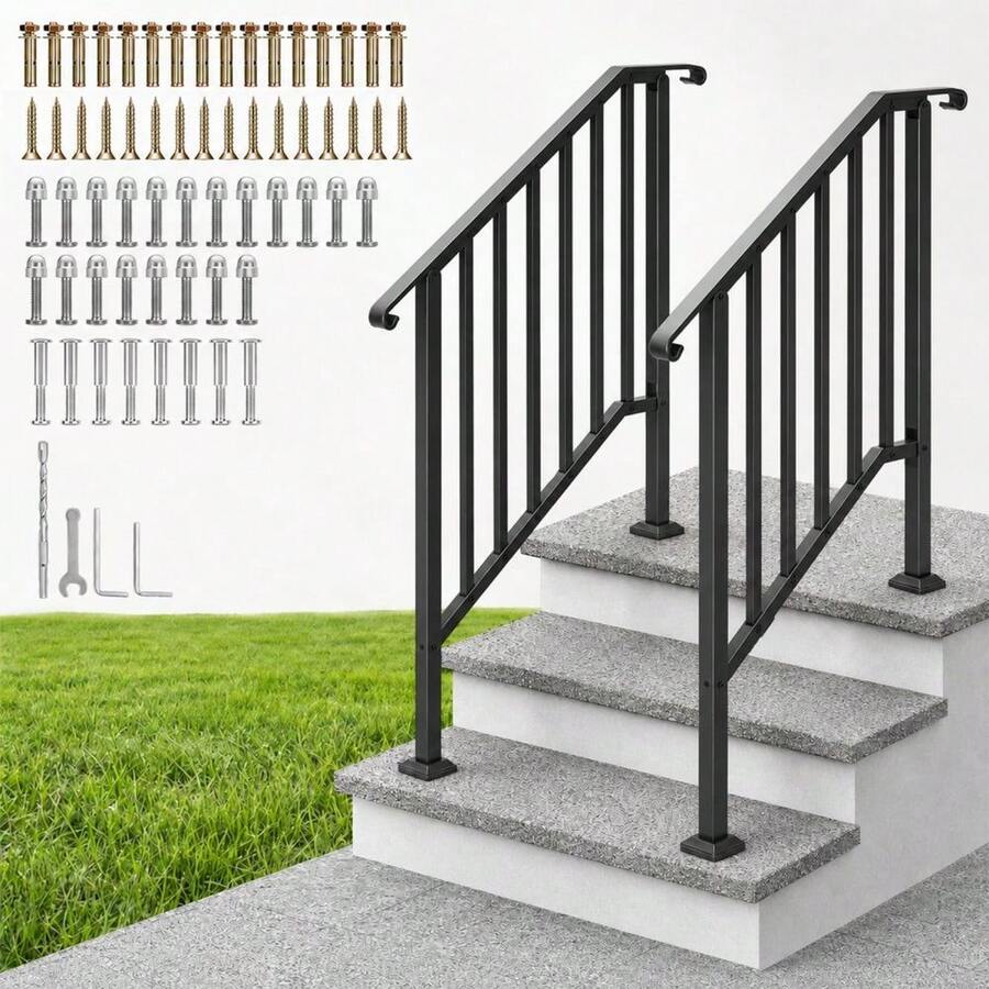 2-Pack Outdoor Handrails – Heavy-Duty Steel Stair Railing For 2-5 Steps, Weatherproof For Porch, Deck & Entryway - 3-step - View 1