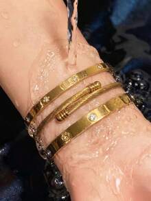 1/3pcs Stainless Steel 18K Gold Women's Bracelet Set, Exquisite Minimalist Floral Design, Luxury High-End Jewelry Suitable For Daily Wear - Gold - View 5