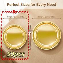 50/100pcs Gold Foil Paper Plates, 7 Inch & 9 Inch, Round Dessert Dinner Plates For Birthday Wedding Party Tableware Supplies Catering Holiday BBQ Events, Decorative Paper Plates For Crafts - Gold - View 14