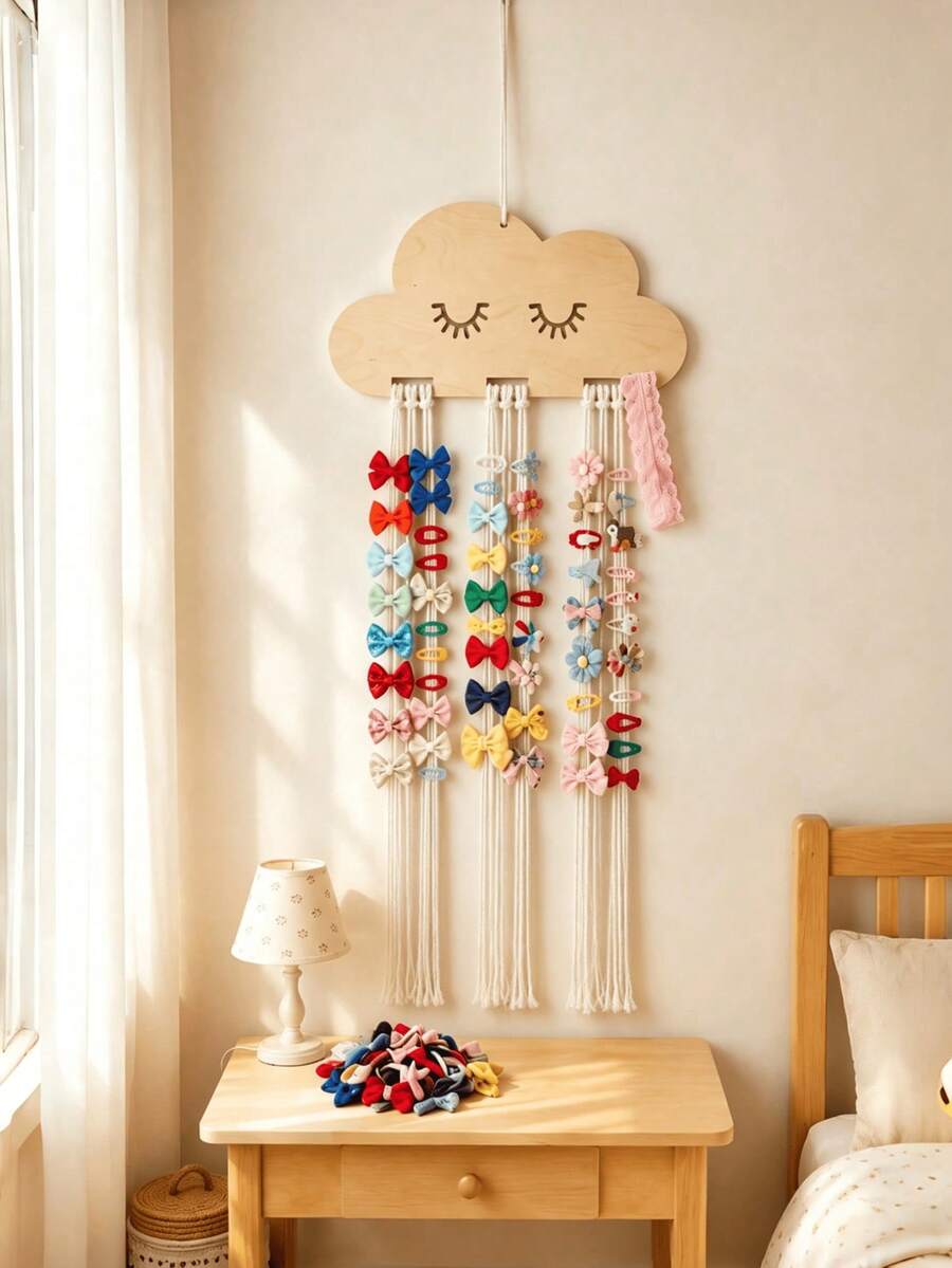 1pc Nordic Style Cloud Wooden Slice Children's Hair Clip & Headband Storage Organizer Set, Hanging Decor, Hair Accessory Material Kit, Valentine's Day Heart - Cloud Eyelashes + Beige Thread - View 1