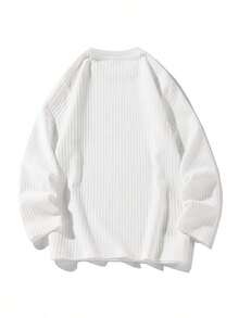 1pc White Vertical Textured Solid Color Men's T-Shirt, Crew Neck Loose Fit Long Sleeve Top, Soft Ribbed Knit Fabric, Clean Silhouette Flattering Fit, Versatile Layering Piece, Minimalist Vacation Style, Suitable For Shopping, Dating, Vacation And Travel - White - View 7