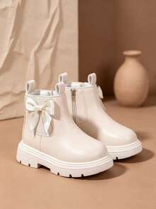 1 Pair Beige Ankle Boots, Solid Color Soft Bow Decor, Round Toe Soft Sole Inner Zipper Design, Fashion Classic Boots, Suitable For Daily Wear, School, Holidays, Parties, Autumn/Winter New Style - Beige - View 4