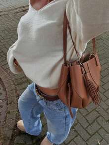 Plus Size Women's Asymmetrical Cold Shoulder Long Puff Sleeve V-Neck Loose Knit Pullover Sweater, Suitable For Daily Wear, Autumn/Winter - White - View 3