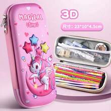 1pc Girls Pink 3D Unicorn Moon Pattern Hard Shell Fabric Closure Large Capacity Dreamy Pencil Case, Desktop Stationery Storage Box, Suitable For Students School Back To School Use, Perfect Gift For Friends - Unicorn - View 4