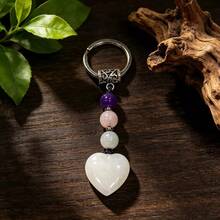 2pcs Handmade Natural Heart-Shaped Jade Stone Keychains, Chinese Vintage Beaded Key Rings, Bohemian Crystal Bag Charms, Lucky Healing Stone Jewelry, Gift For Girls And Women. Each Natural Crystal May Have Slight Color Variation - View 6