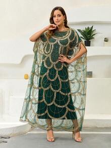 JINLICX Elegant Plus Size Arabian Dress With Contrast Sequin Batwing Sleeves Long Scoop Neck Formal Attire - Dark Green - View 6
