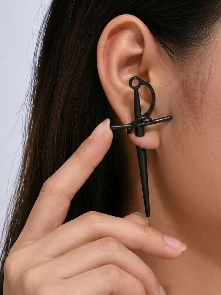 1對女款時尚前後式耳釘，嘻哈哥德風萬聖節搞怪前後式耳釘，日常百搭個性化，萬聖節禮物 - 黑色 - 查看 1