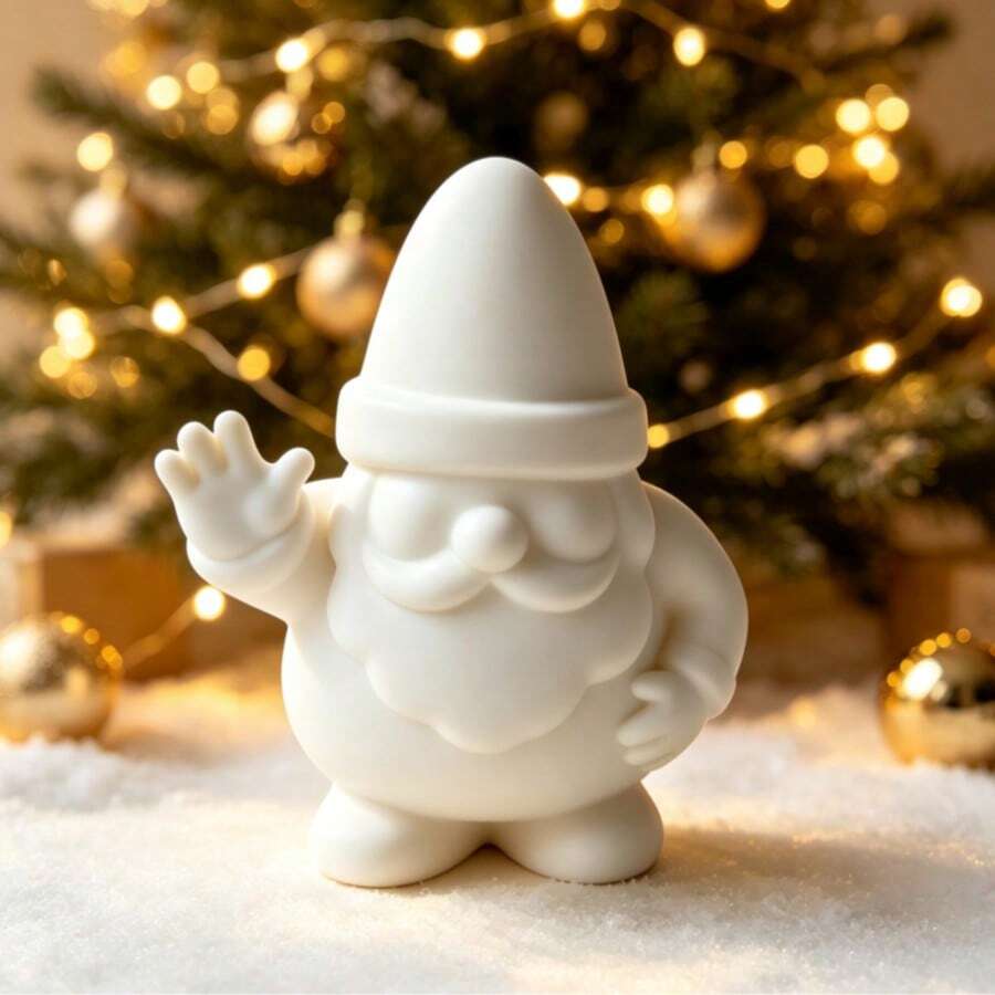 3D Printed Matte White Waving Santa Claus Figurine, Cute Hat & Beard Santa Sculpture, Minimalist Smooth Holiday Desktop Home Decor Craft - A - View 1