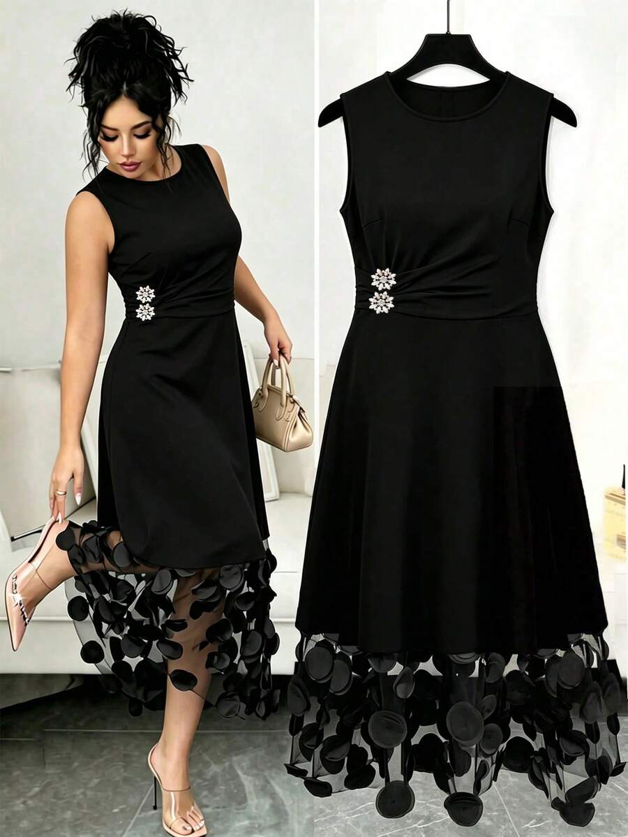 Plus Size Women's Elegant Dress, Fashionable Versatile 3D Floral Patchwork Dress, Fitted Waist With Pleats And Diamond Brooch, Suitable For Summer Wear - Black - View 1