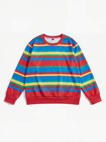 1pc Tween Girl Rainbow 4-Color Horizontal Striped Crew Neck Sweatshirt, Vibrant Contrast Color Loose Fit Unisex Tween Girl Spring Autumn Basic Casual Long Sleeve Top - Red - View 4