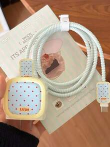 1 Set Pastel Yellow, Light Blue & Red Polka Dot Charging Cable Protector Set, Compatible With Apple 20W/18W Charger Head, Protector, Anti-Fall, Cable Organizer, Compatible With IPhone 17 16 15 14 13 12 11 20W Charging Adapter - Multicolor - View 1