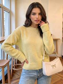 Women's Autumn Pale Yellow Crew Neck Knit Sweater, Dropped Shoulder, Folded Cuffs, Long Sleeve, Ribbed Hem, Oversized, Casual, Outdoor, Daily Top - Yellow - View 7
