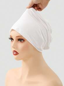 1pc Women's Solid Color Anti-Slip Elastic Band Base Cap Adjustable Scarf Hat - White B - View 8