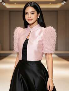 Modern Filipino Style Butterfly Sleeve Elegant Stand Collar Patchwork Minimalist Solid Color Top - Pink - View 4