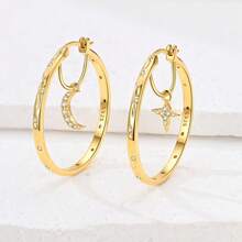 1 Pair Original 925 Sterling Silver Hoop Earrings For Women Hollow Star And Moon Earrings Cubic Zirconia Inlay Elegance Fine Jewelry Gifts - Gold - View 3